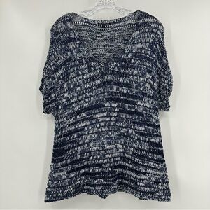 Eileen Fisher Crochet V- Neck Brushstroke Cotton Tape Knit Top Blue White Size L